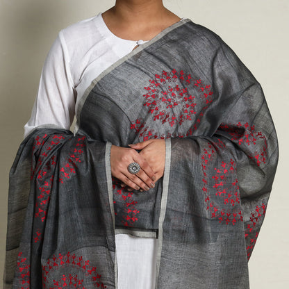 Black - Bengal Kantha Hand Embroidery Silk Cotton Dupatta 01