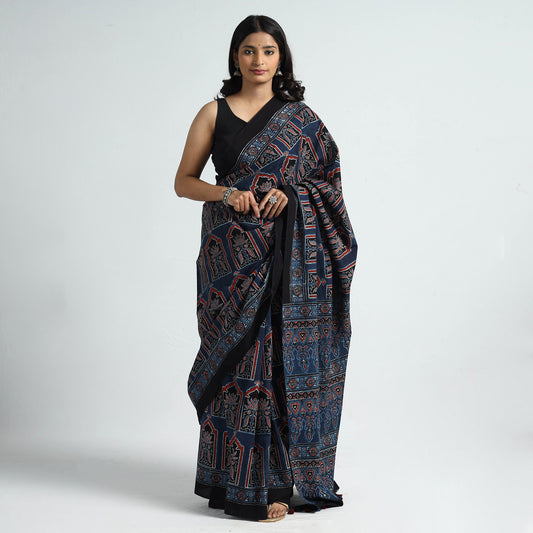 Blue - Ajrakh Block Printed Cotton Natural Dyed Saree with Tassels