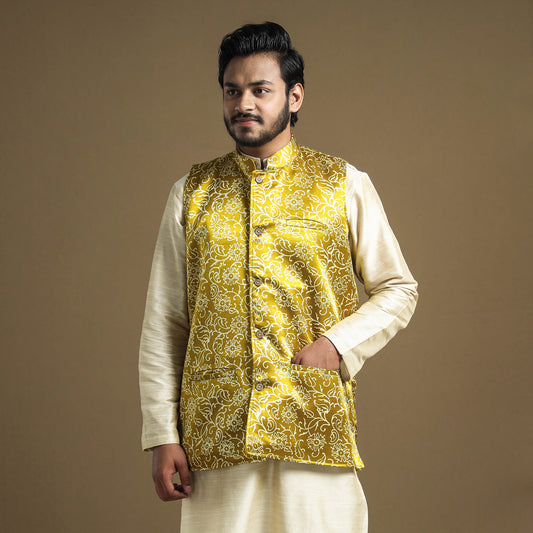Yellow - Hand Block Printed Mashru Silk Nehru Jacket
