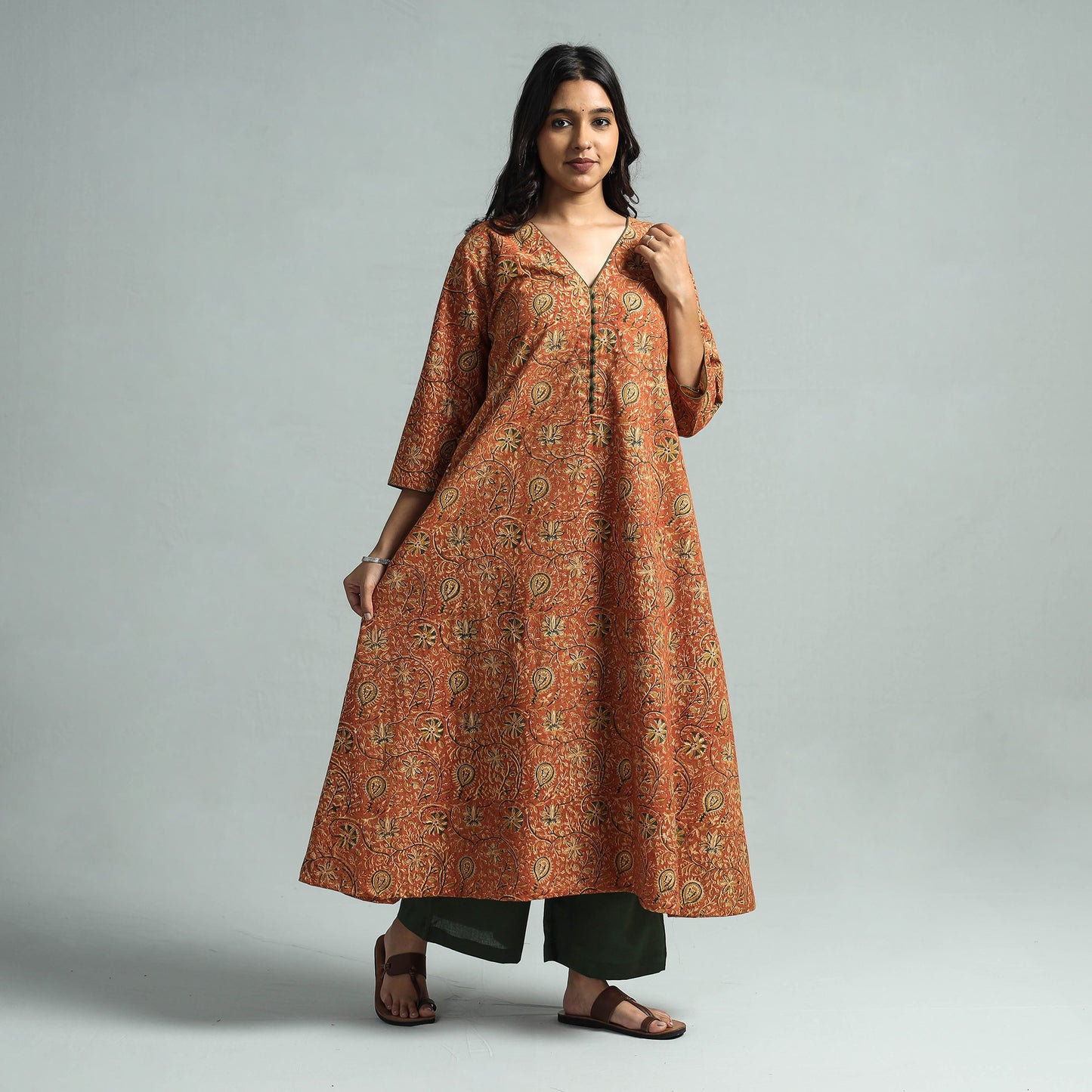 Orange - Pedana Kalamkari Block Printed Cotton Kurta with Palazzo Set