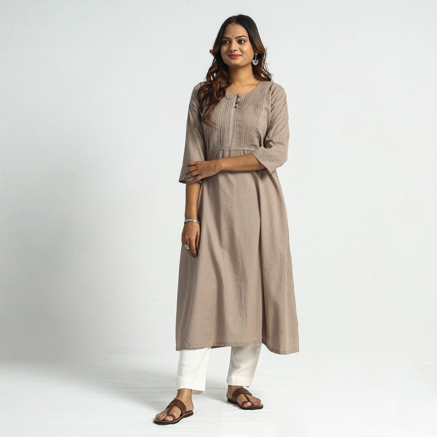 Light Brown - Plain Running Stitch Cotton Pintuck A-Line Long Kurta