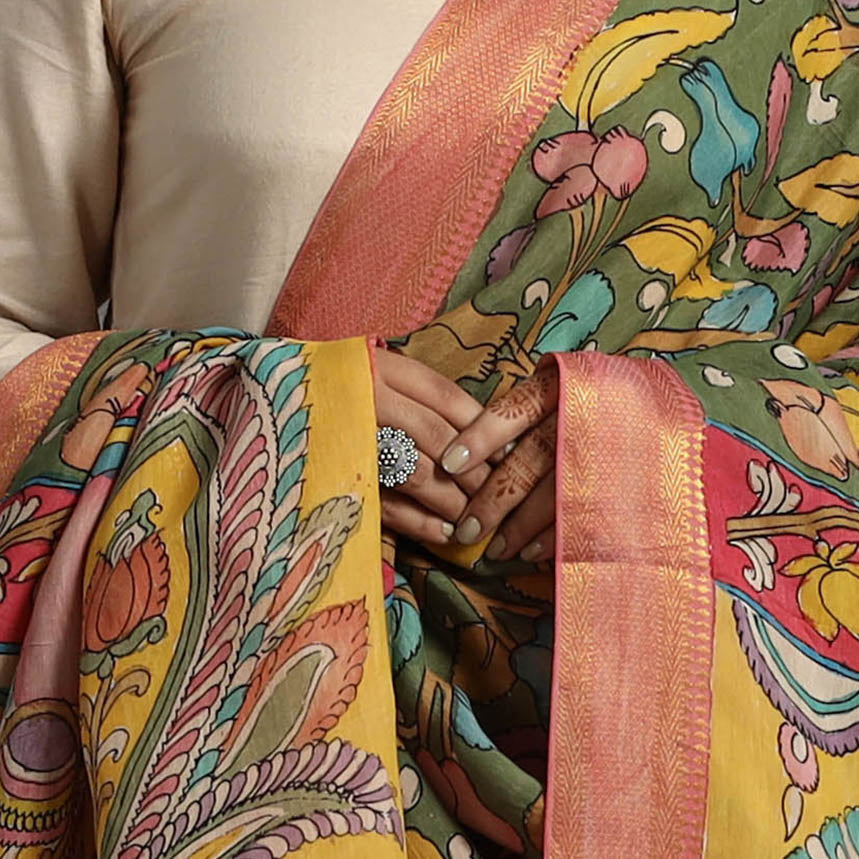 Green - Chanderi Silk Srikalahasti Handpainted Pen Kalamkari Dupatta 42