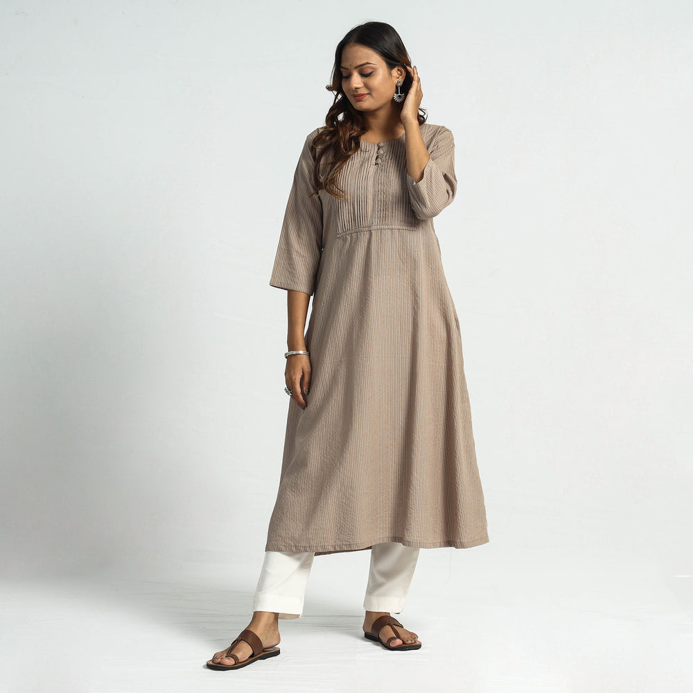 Light Brown - Plain Running Stitch Cotton Pintuck A-Line Long Kurta