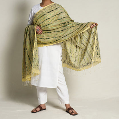 Yellow - Bengal Kantha Hand Embroidery Silk Cotton Dupatta 03