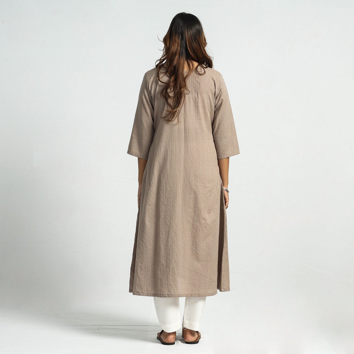 Light Brown - Plain Running Stitch Cotton Pintuck A-Line Long Kurta