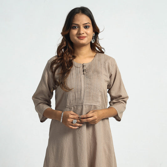 Light Brown - Plain Running Stitch Cotton Pintuck A-Line Long Kurta