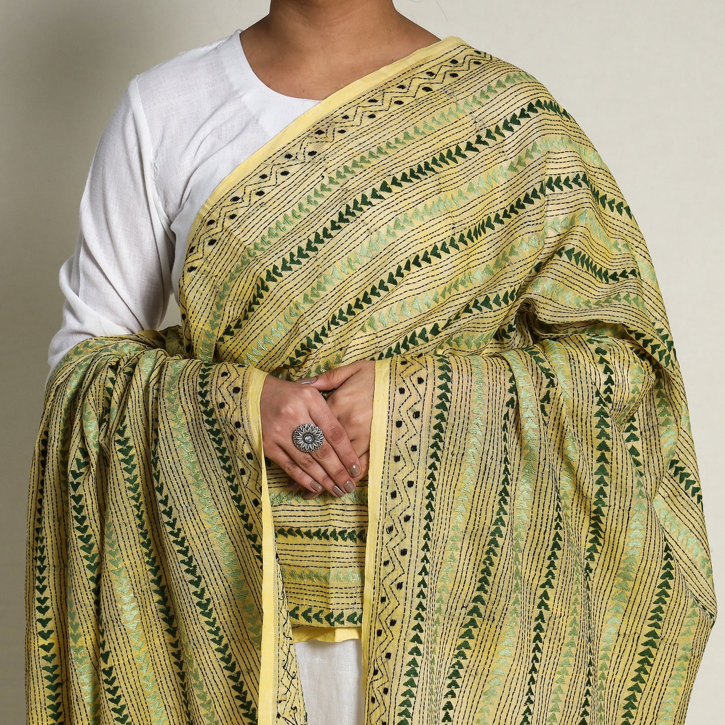 Yellow - Bengal Kantha Hand Embroidery Silk Cotton Dupatta 03