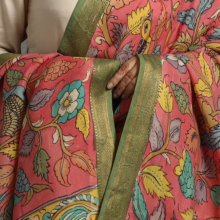 Pink - Chanderi Silk Srikalahasti Handpainted Pen Kalamkari Dupatta 43