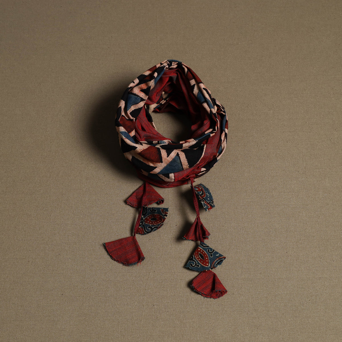 Ajrakh Block Print Scarf with Tassels 05