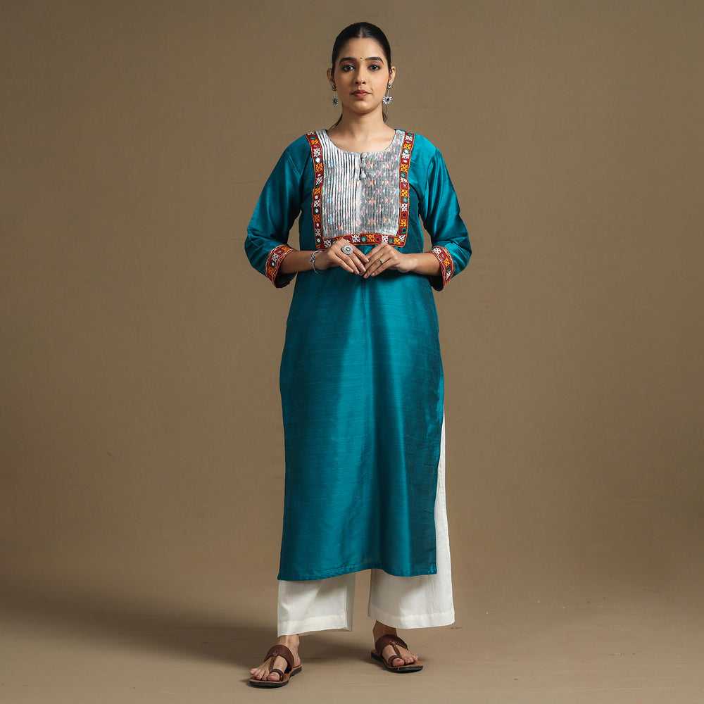 Blue - Plain Slub Silk Pintuck Straight Kurta with Ikat Patchwork