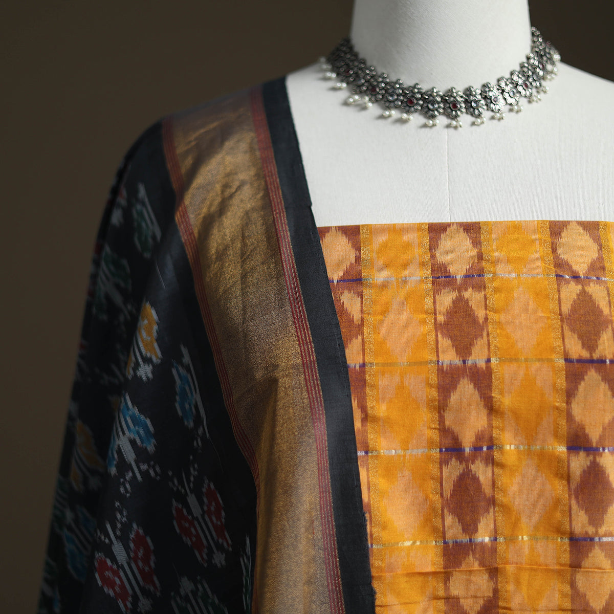 Pochampally Ikat Handloom Sico Unstitched Dress Material: Kurta with Dupatta 12
