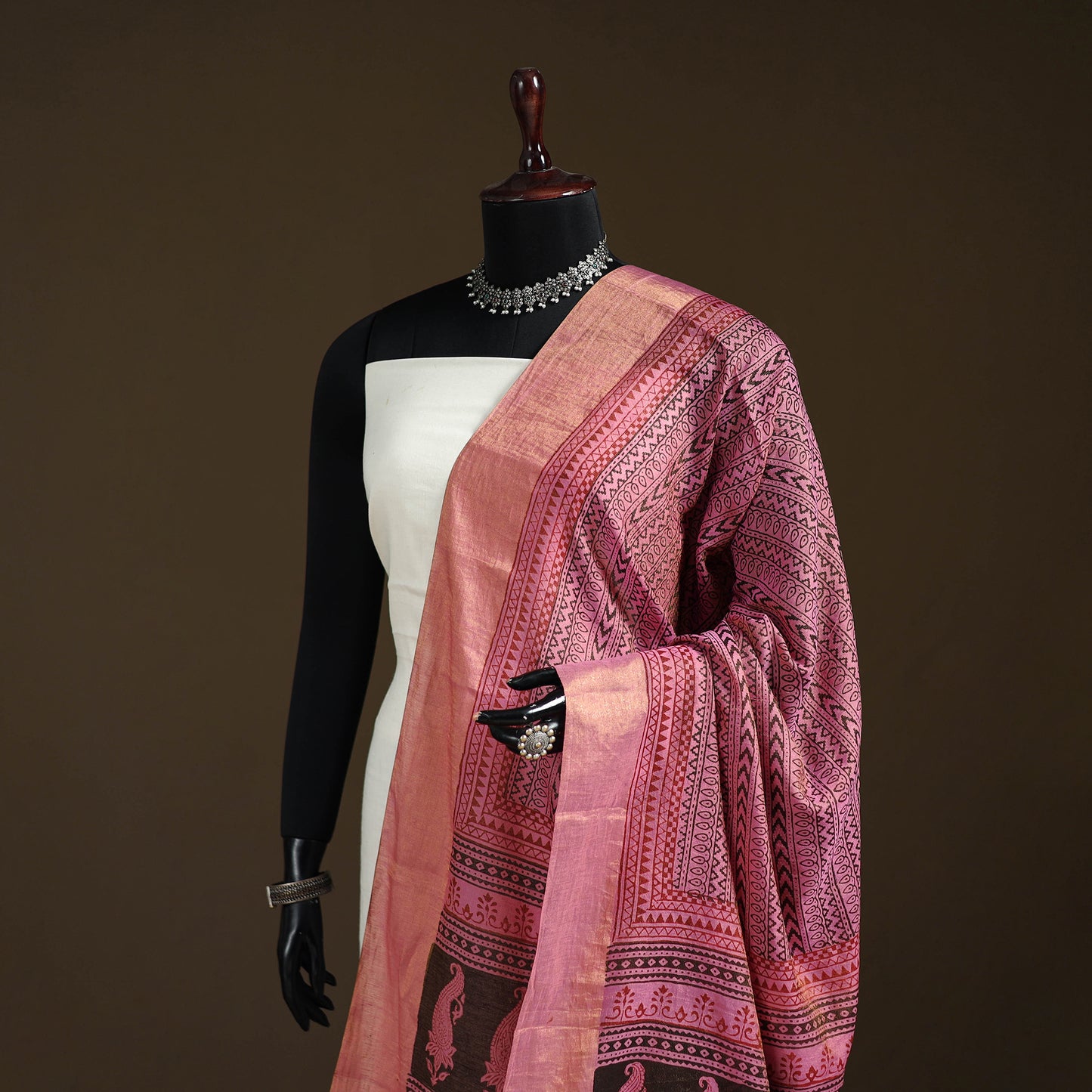 Bagh Hand Block Print Natural Dyed Tissue Zari Chanderi Silk Dupatta 45