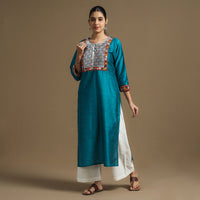 Blue - Plain Slub Silk Pintuck Straight Kurta with Ikat Patchwork