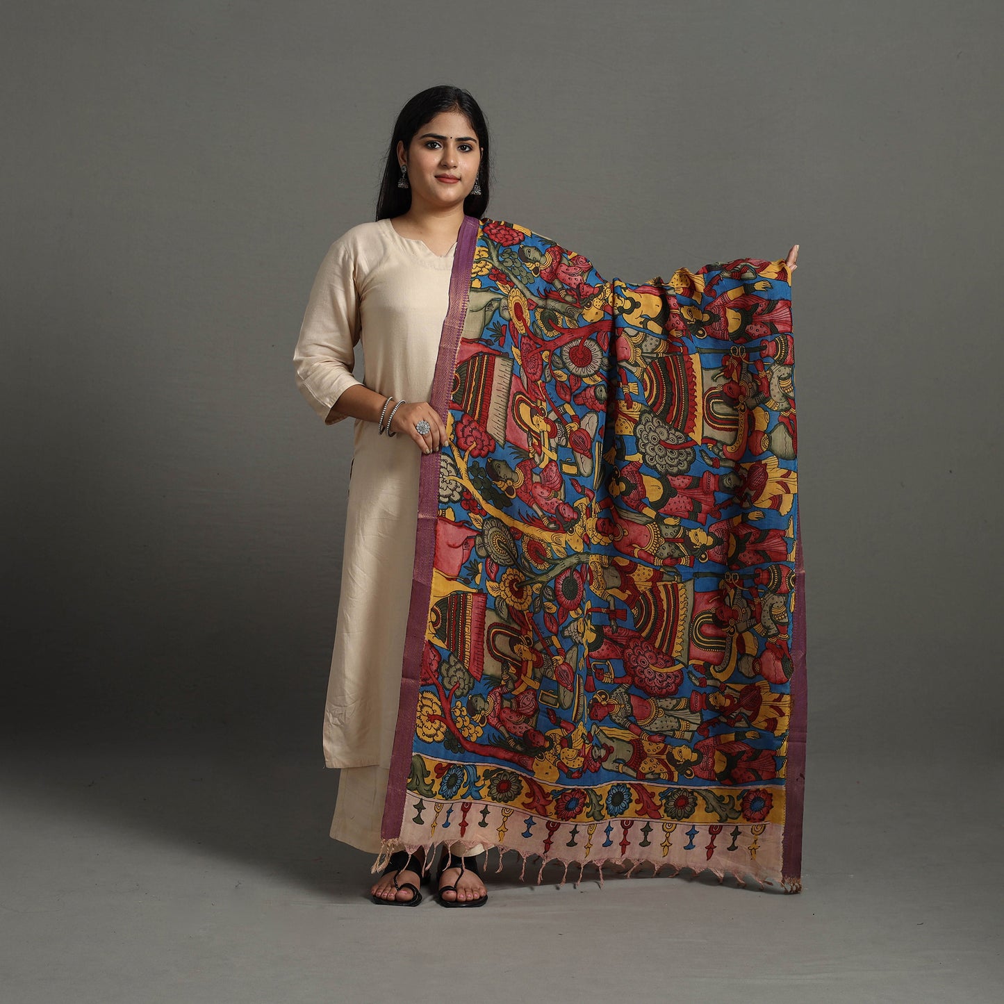 Multicolor - Chanderi Silk Srikalahasti Handpainted Pen Kalamkari Dupatta 45