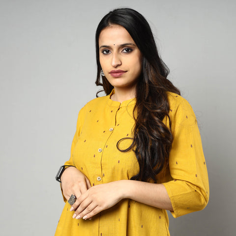 Yellow - Jacquard Cotton A-Line Kurta 15