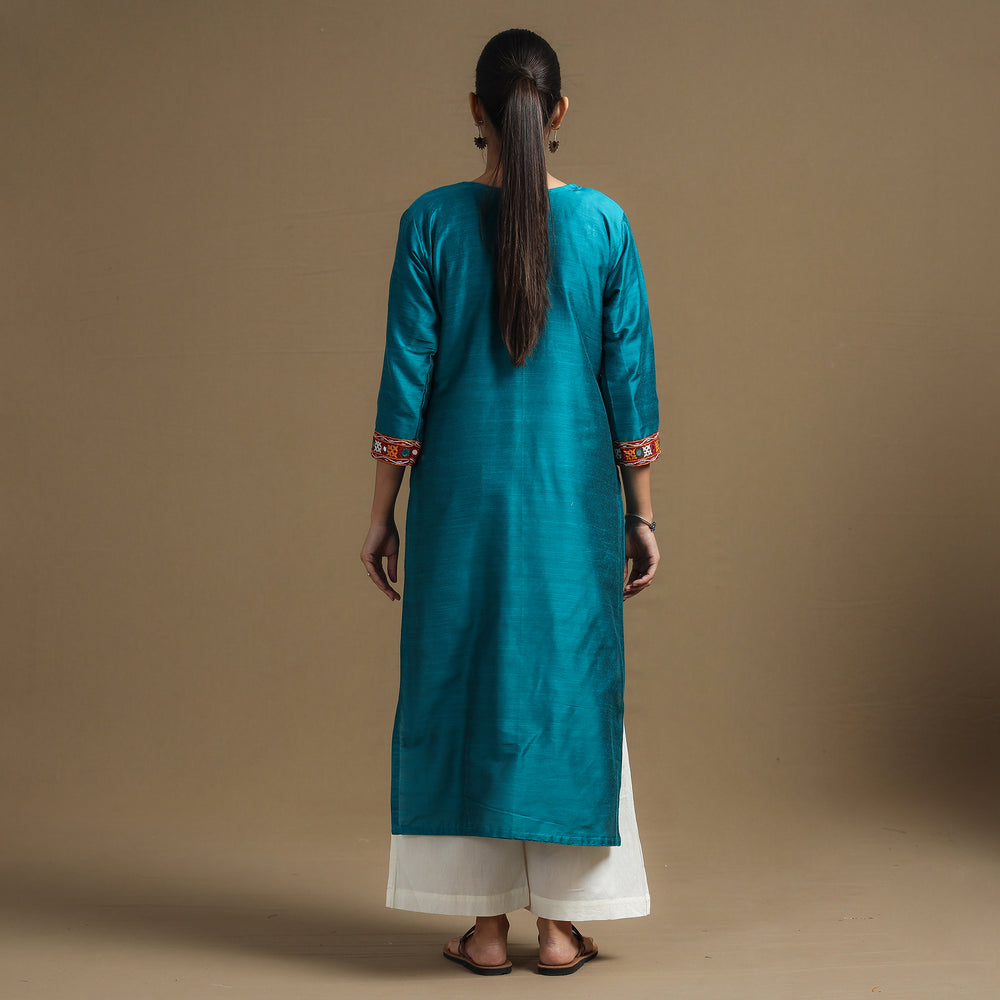 Blue - Plain Slub Silk Pintuck Straight Kurta with Ikat Patchwork