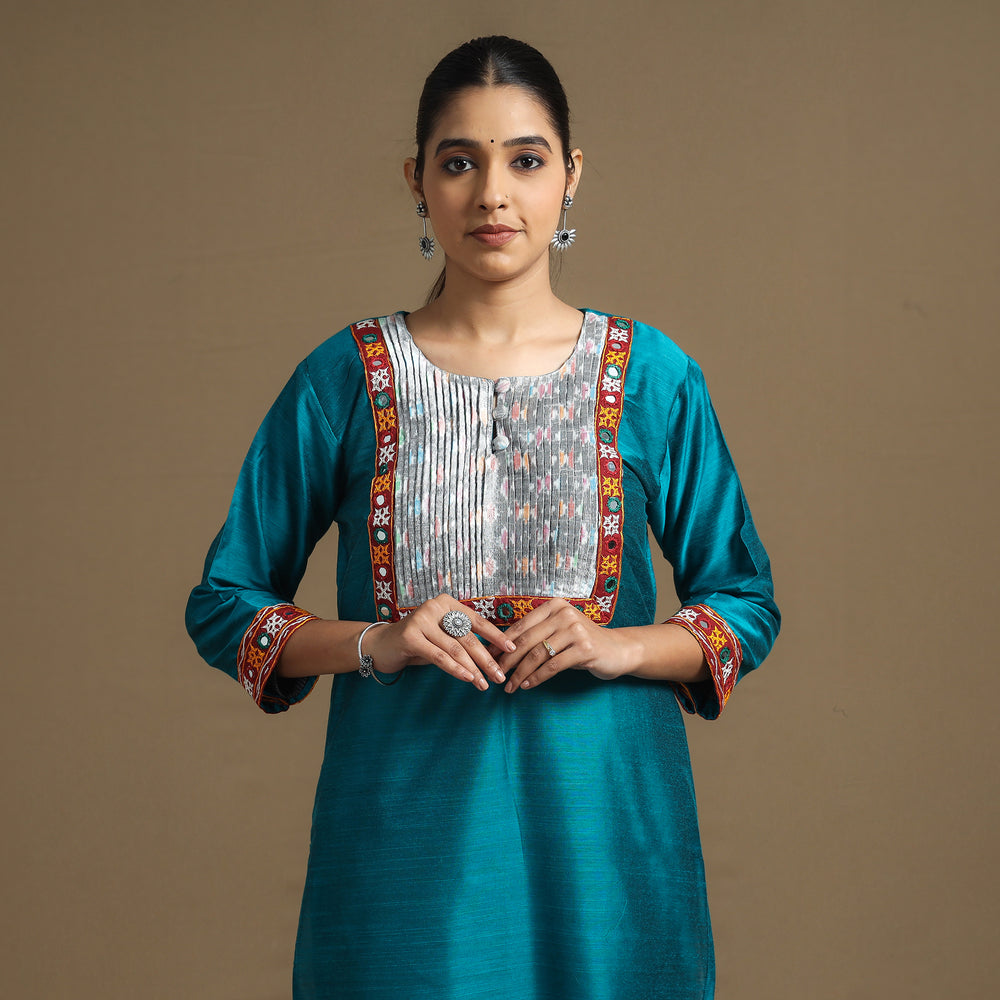 Blue - Plain Slub Silk Pintuck Straight Kurta with Ikat Patchwork