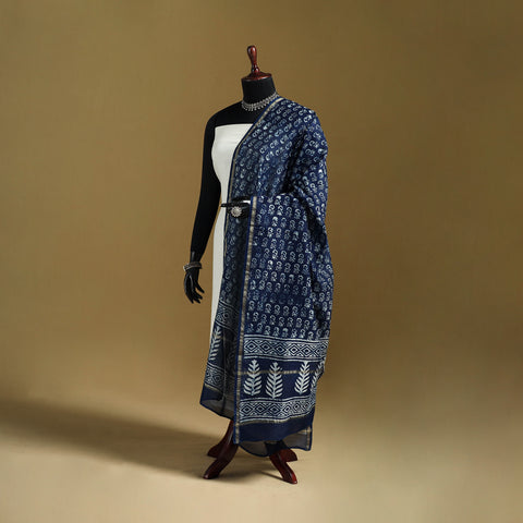 Blue - Pipad Hand Block Print Natural Dyed Chanderi Silk Handloom Dupatta 41