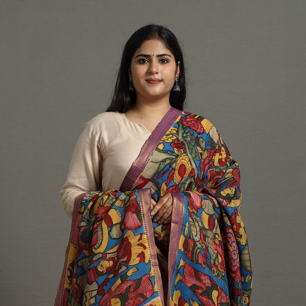 Multicolor - Chanderi Silk Srikalahasti Handpainted Pen Kalamkari Dupatta 45