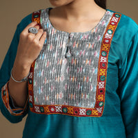 Blue - Plain Slub Silk Pintuck Straight Kurta with Ikat Patchwork