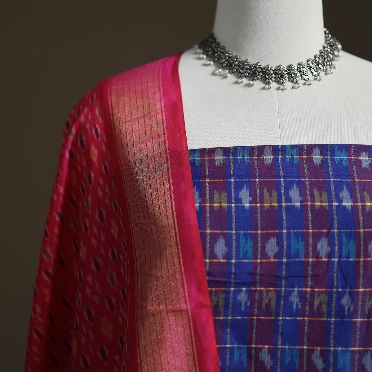 Pochampally Ikat Handloom Sico Unstitched Dress Material: Kurta with Dupatta 13