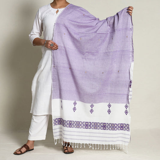 Purple - Assam Weave Handloom Cotton Thread Buti Dupatta with Tassels