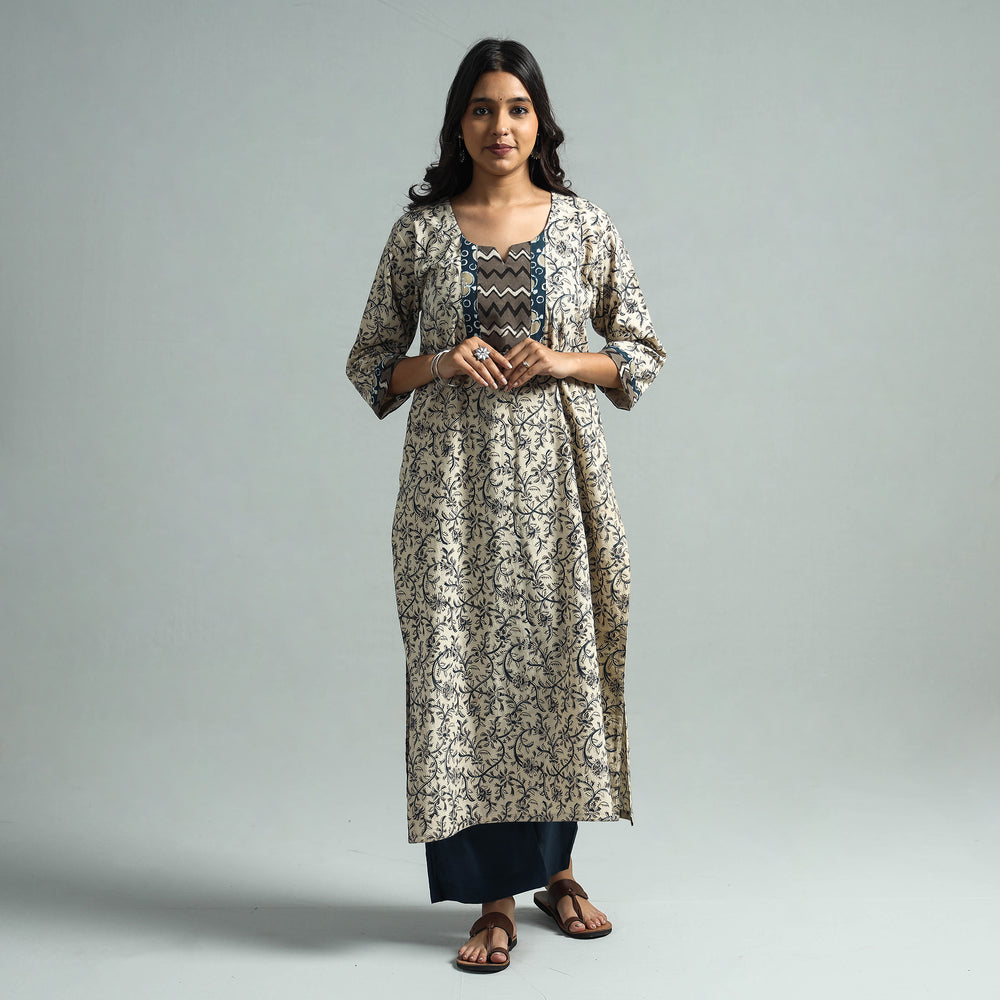 Beige - Pedana Kalamkari Block Printed Cotton Kurta with Palazzo Set