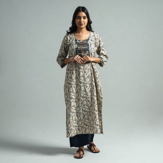 Beige - Pedana Kalamkari Block Printed Cotton Kurta with Palazzo Set