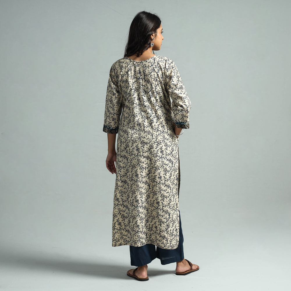 Beige - Pedana Kalamkari Block Printed Cotton Kurta with Palazzo Set