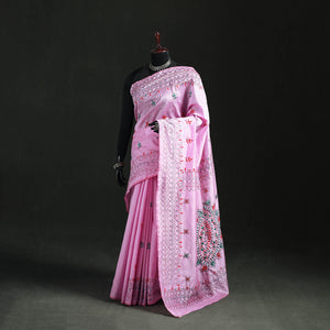 Pink - Hand Embroidered Silk Saree 11