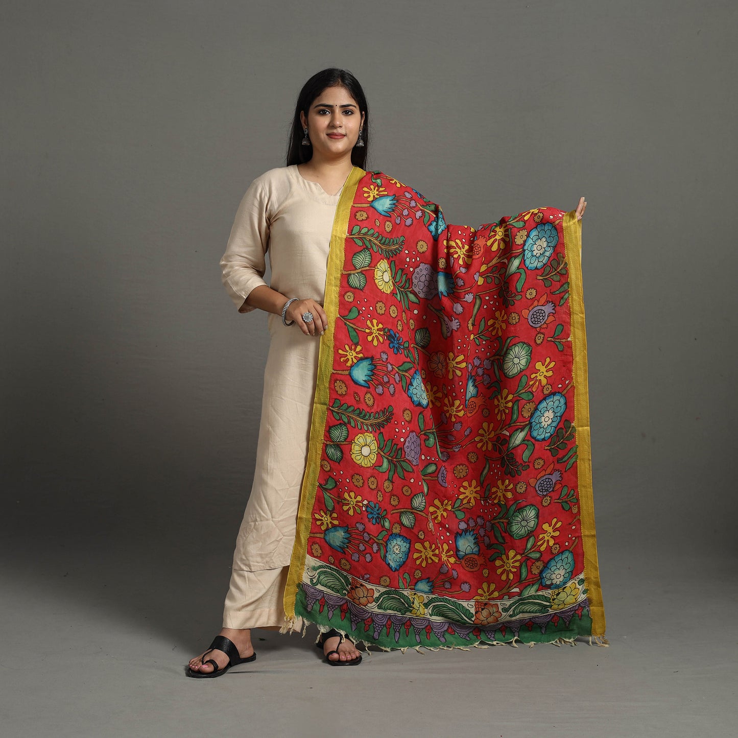 Red - Chanderi Silk Srikalahasti Handpainted Pen Kalamkari Dupatta 46