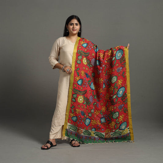 Red - Chanderi Silk Srikalahasti Handpainted Pen Kalamkari Dupatta 46