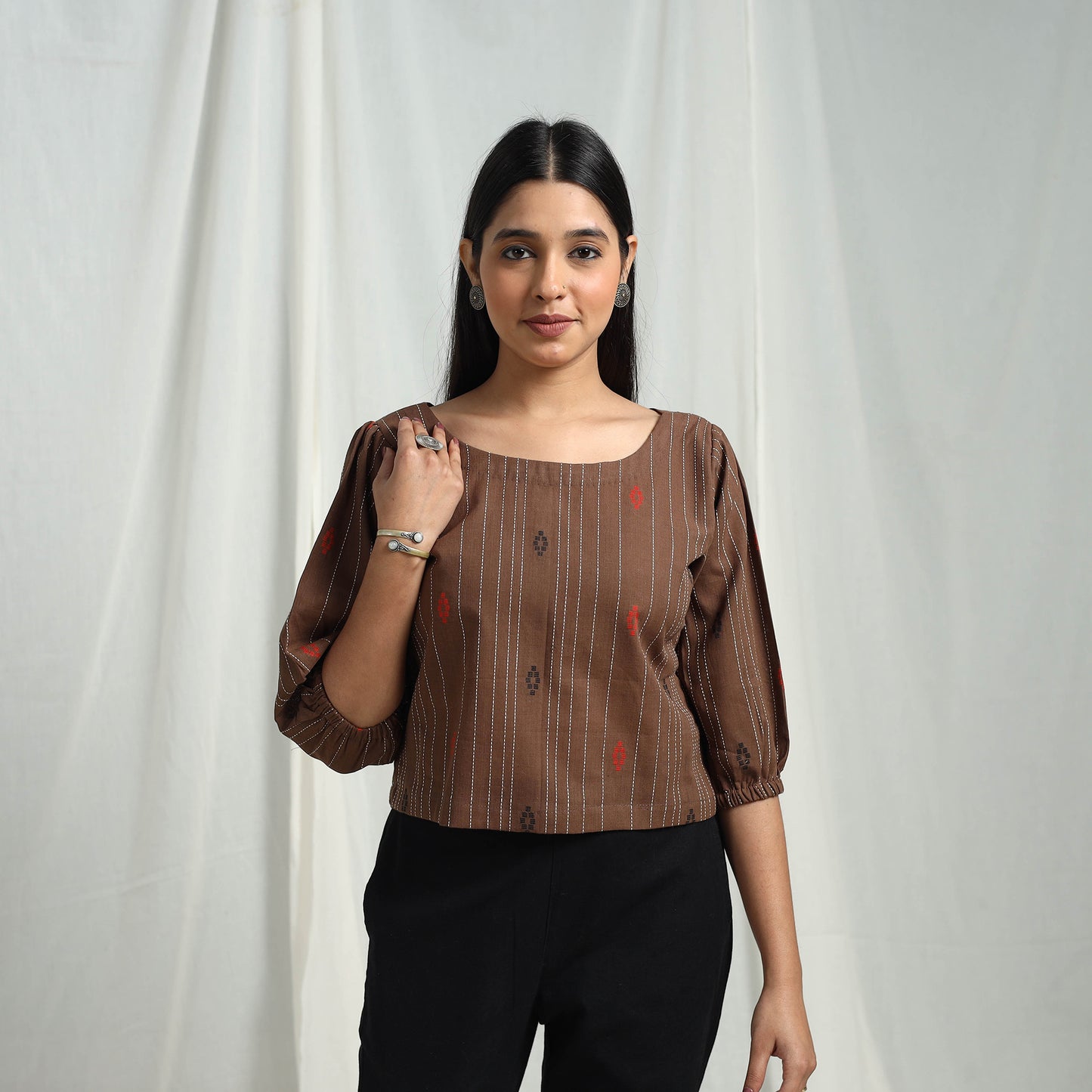 Brown - Cotton Jacquard Crop Top 07