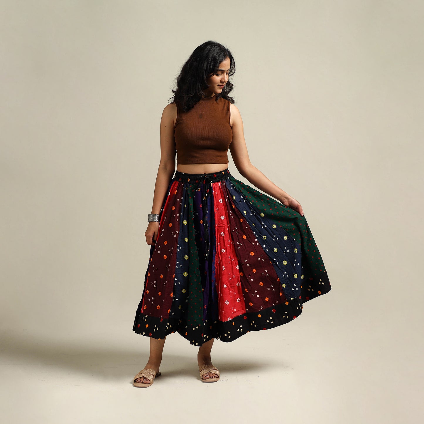 Multicolor - Bandhani Tie-Dye Patchwork Cotton Short Skirt 32