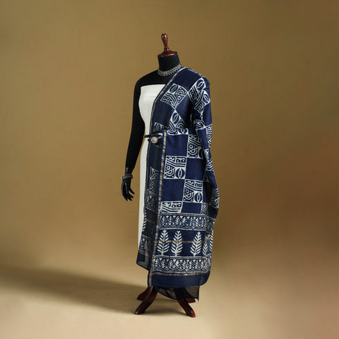 Blue - Pipad Hand Block Print Natural Dyed Chanderi Silk Handloom Dupatta 42