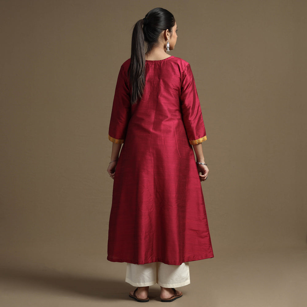 Maroon - Red Plain - Solid Slub Silk Mashru Patchwork Kurta