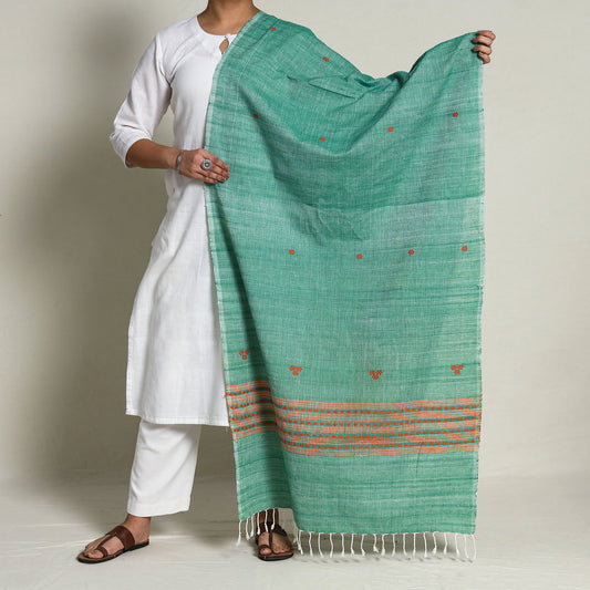 Green - Assam Weave Handloom Cotton Thread Buti Dupatta with Tassels