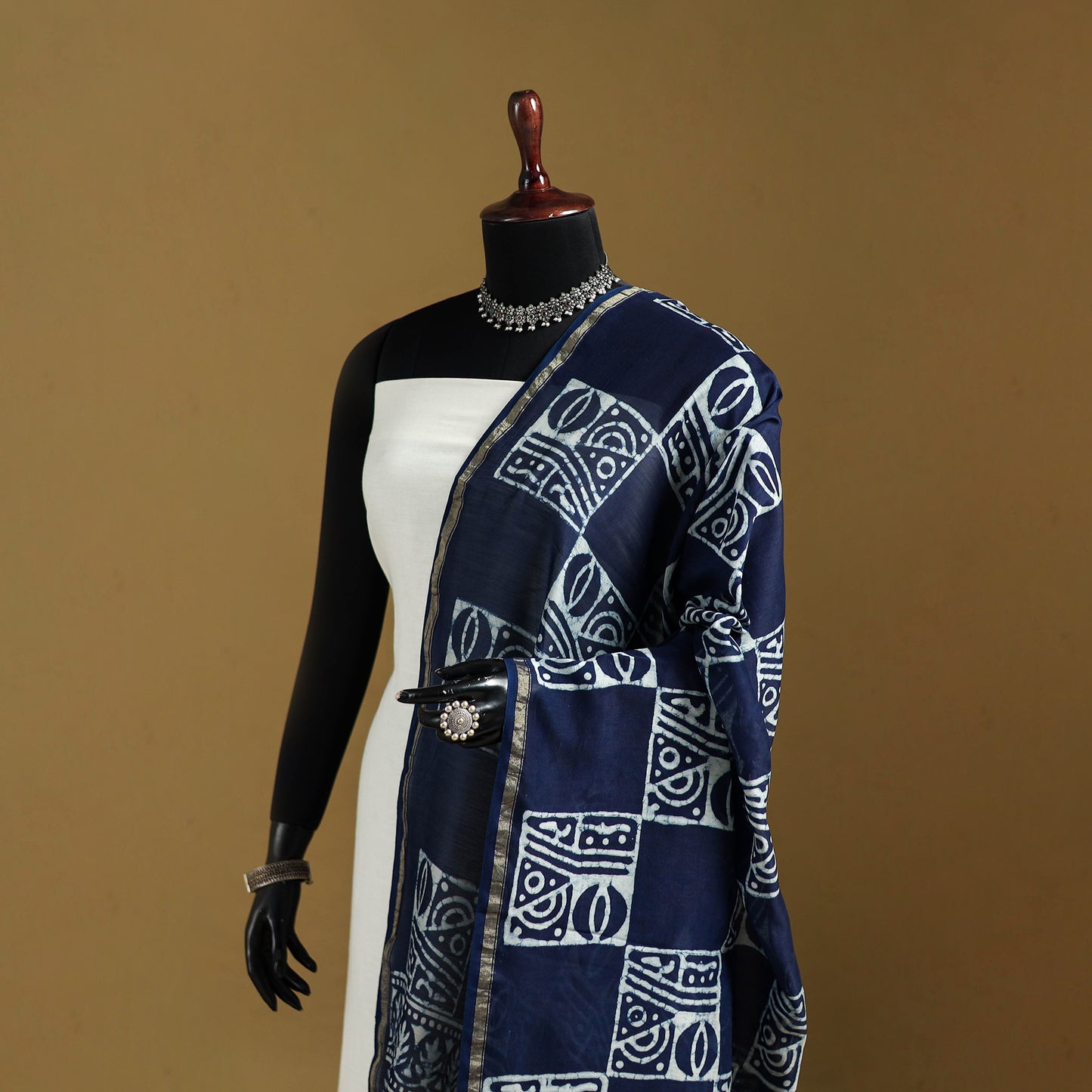 Blue - Pipad Hand Block Print Natural Dyed Chanderi Silk Handloom Dupatta 42