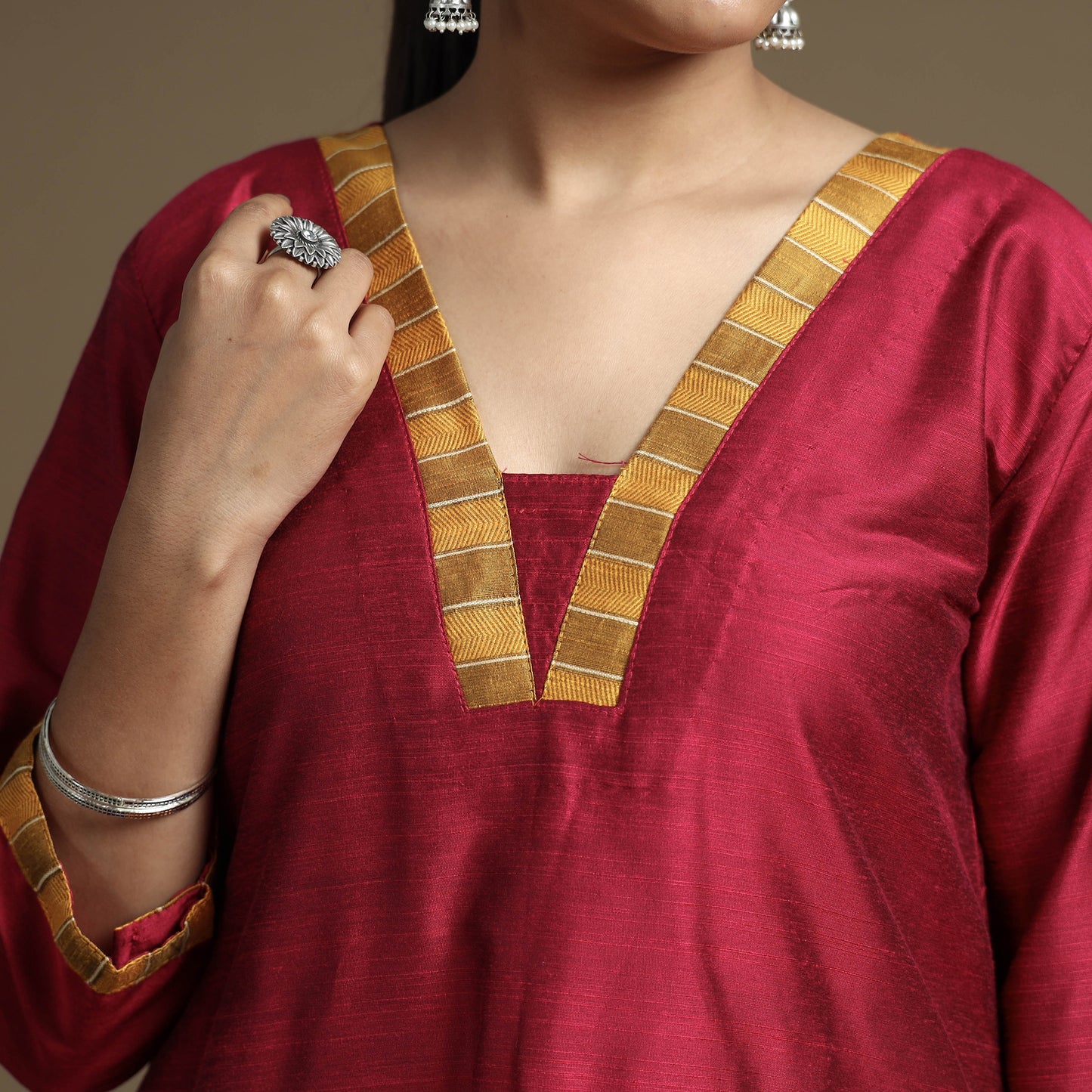 Maroon - Red Plain - Solid Slub Silk Mashru Patchwork Kurta