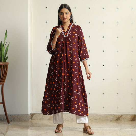 Maroon - Bandhani Tie-Dye Cotton A-Line Kurta 02