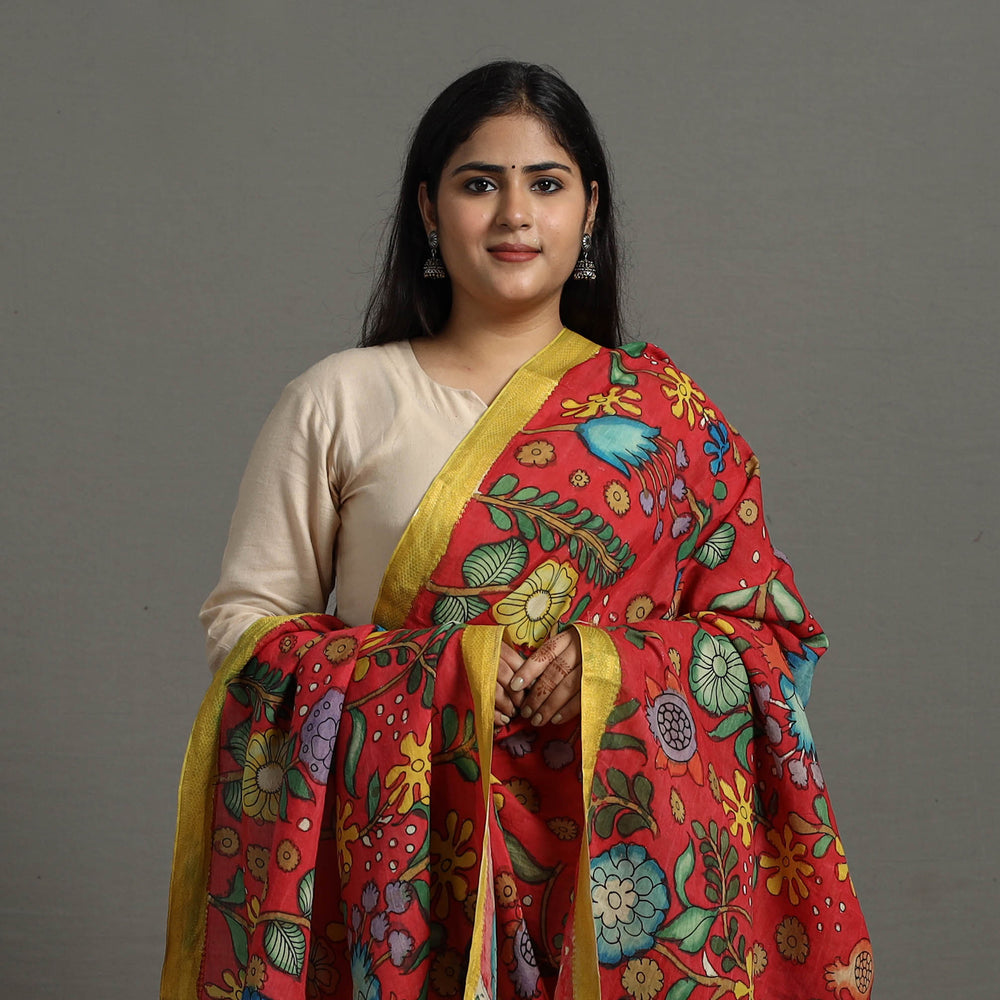 Red - Chanderi Silk Srikalahasti Handpainted Pen Kalamkari Dupatta 46