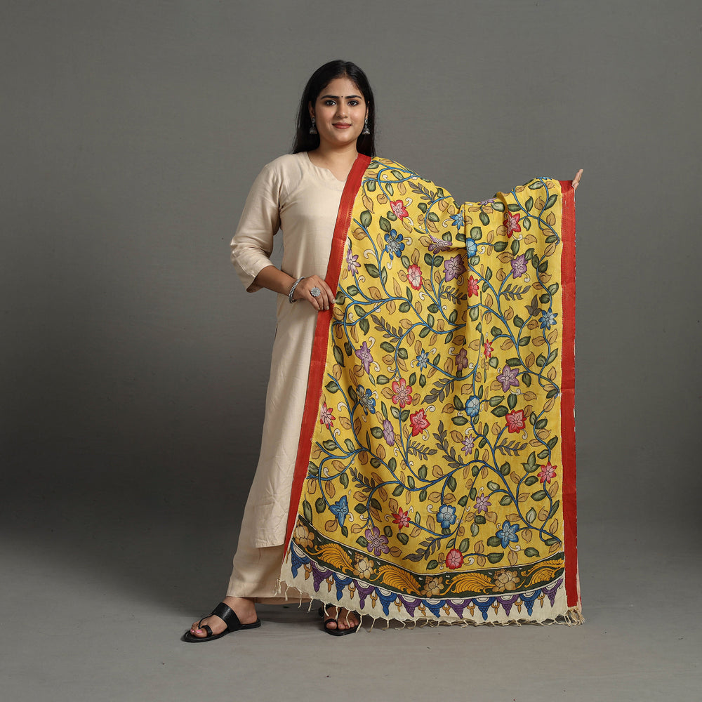 Yellow - Chanderi Silk Srikalahasti Handpainted Pen Kalamkari Dupatta 47