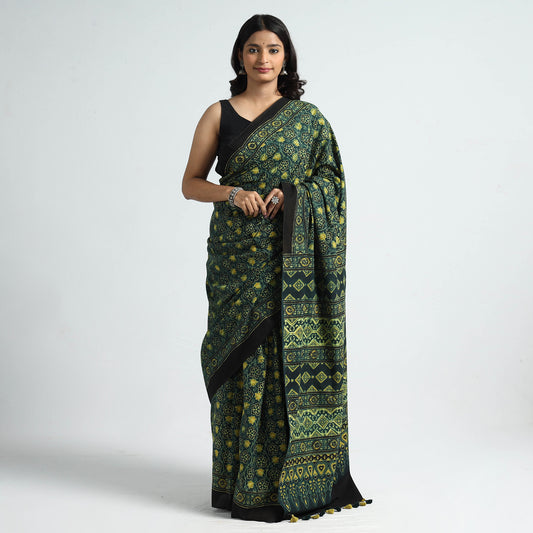 Green - Ajrakh Block Printed Cotton Natural Dyed Saree with Tassels