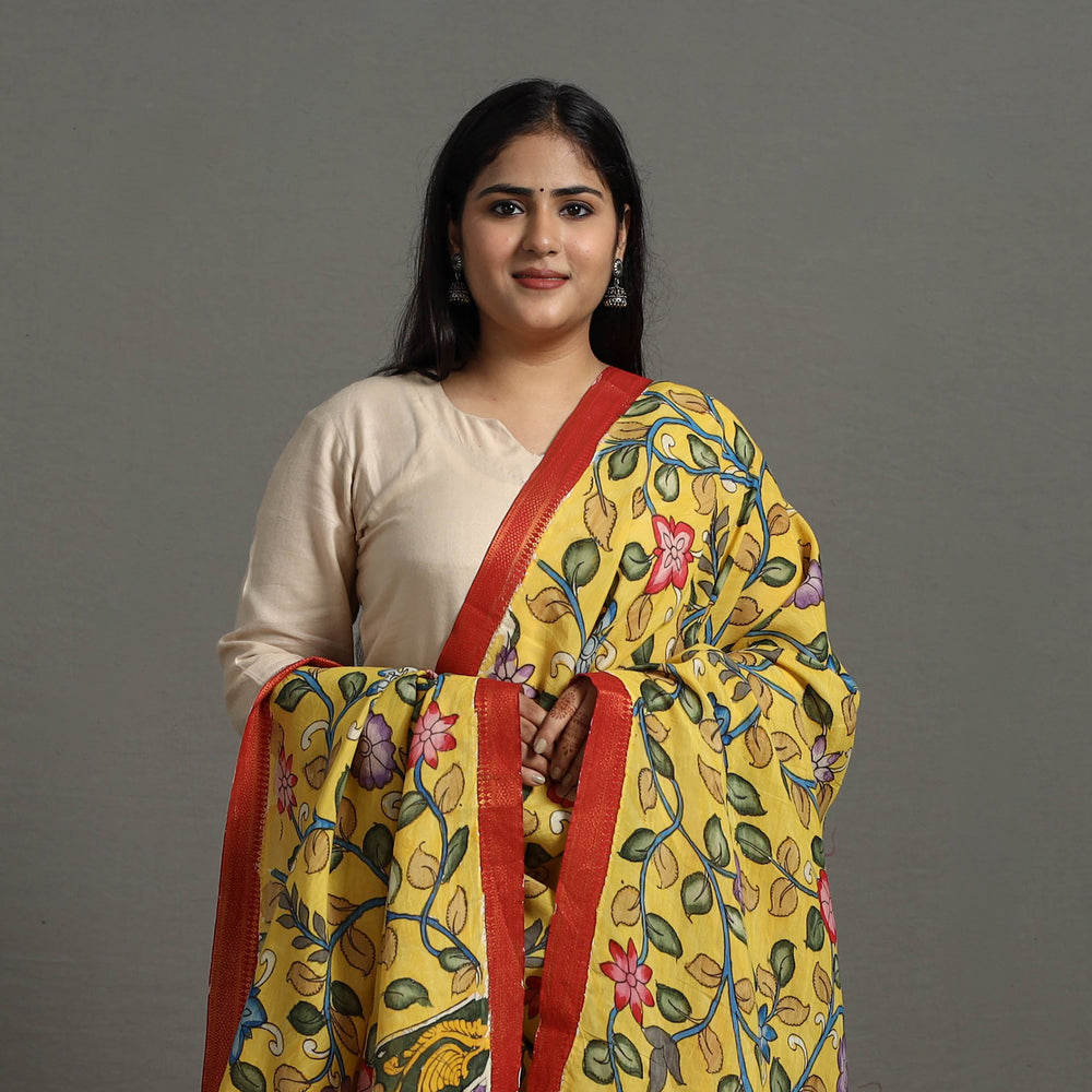 Yellow - Chanderi Silk Srikalahasti Handpainted Pen Kalamkari Dupatta 47