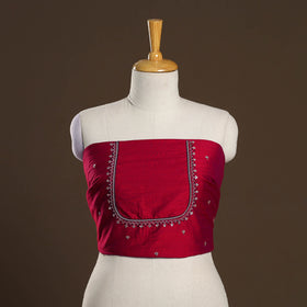 Red - zardozi hand embroidery slub silk plain blouse piece