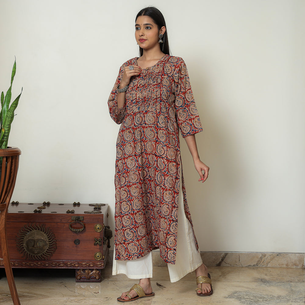 Red - Kalamkari Hand Block Printed Cotton Pintuck Straight Kurta 09