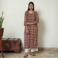 Red - Kalamkari Hand Block Printed Cotton Pintuck Straight Kurta 09