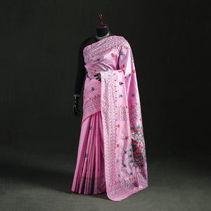 Pink - Hand Embroidered Silk Saree 13