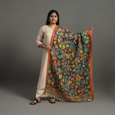 Multicolor - Chanderi Silk Srikalahasti Handpainted Pen Kalamkari Dupatta 49