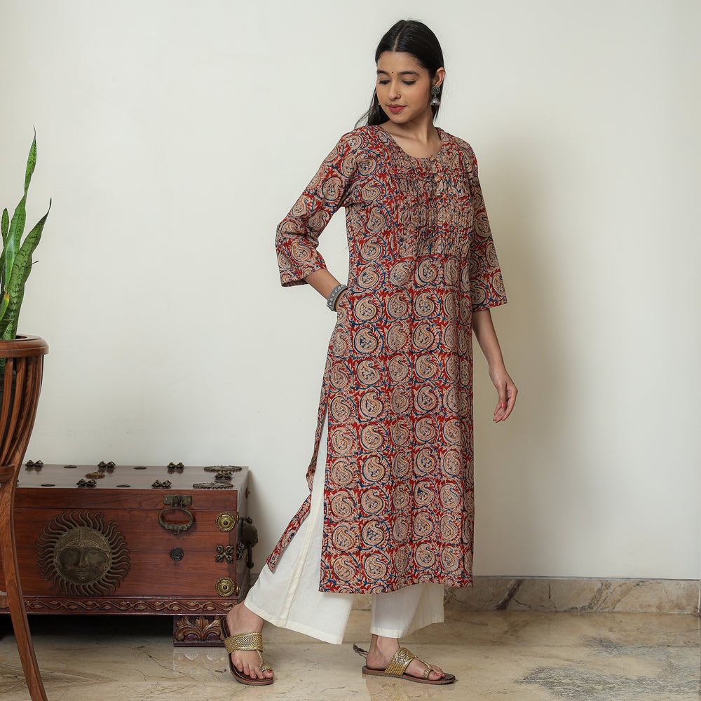 Red - Kalamkari Hand Block Printed Cotton Pintuck Straight Kurta 09